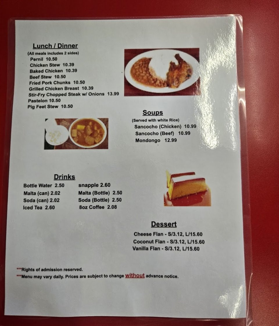Restaurant menu with savory and sweet options.