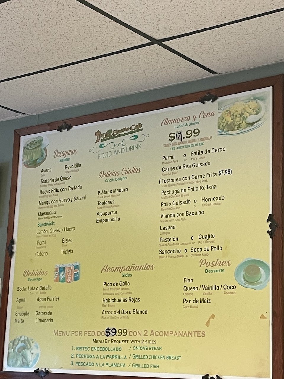 Close-up of a cafe menu board.